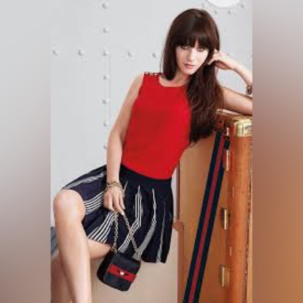 Zooey Deschanel Tommy Hilfiger Red Sleeveless Top with Navy Stripe Skirt